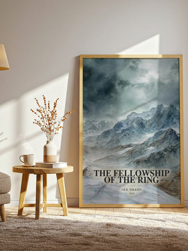 The Fellowship Of The Ring watercolour print in frame leaning in hallway – fantasy wall art