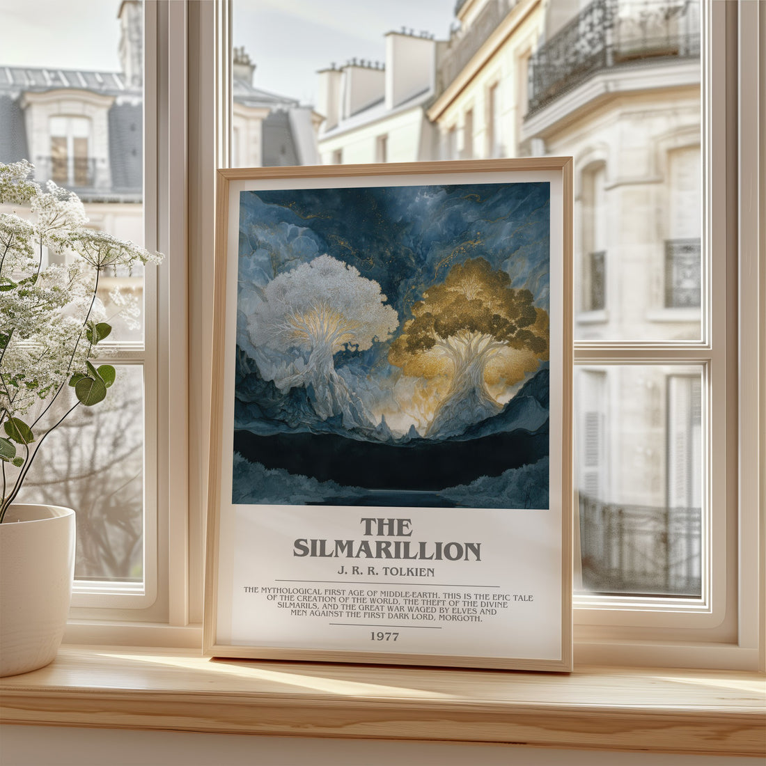 The Silmarillion Bookish Wall Art by J. R. R. Tolkien – framed print by a bright window