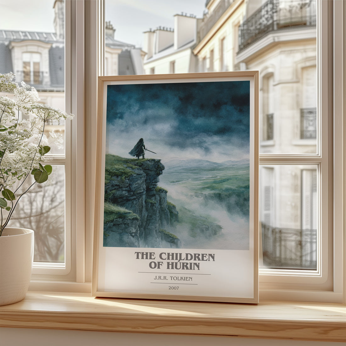 The Children of Húrin Book Cover Poster by J. R. R. Tolkien – framed print by a bright window