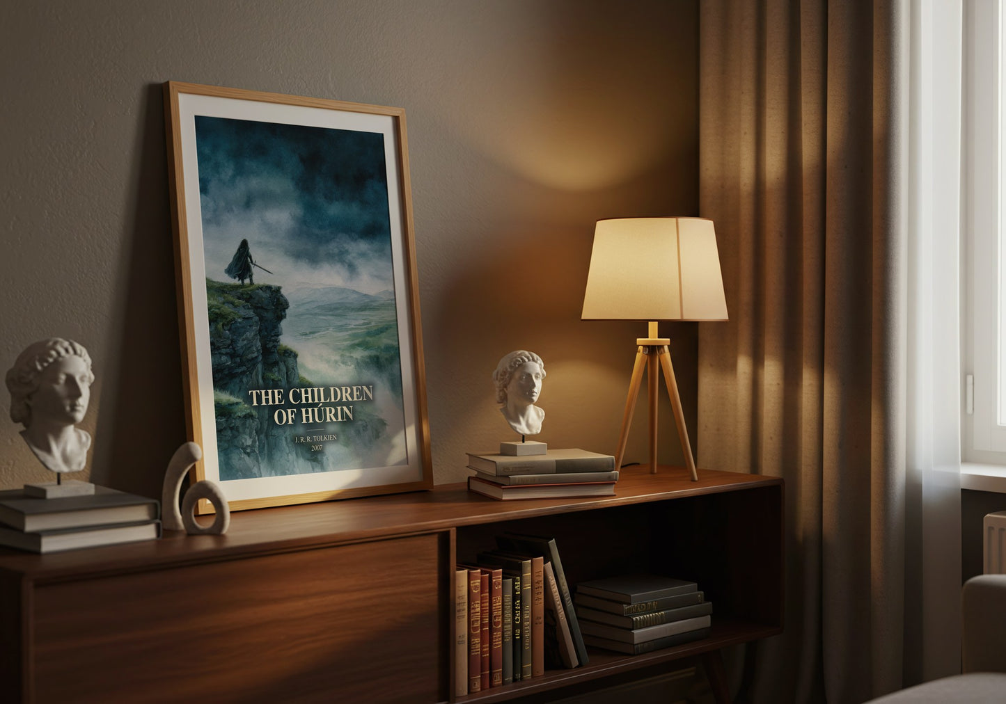The Children Of Húrin watercolour print on bookshelf – J. R. R. Tolkien fan gift