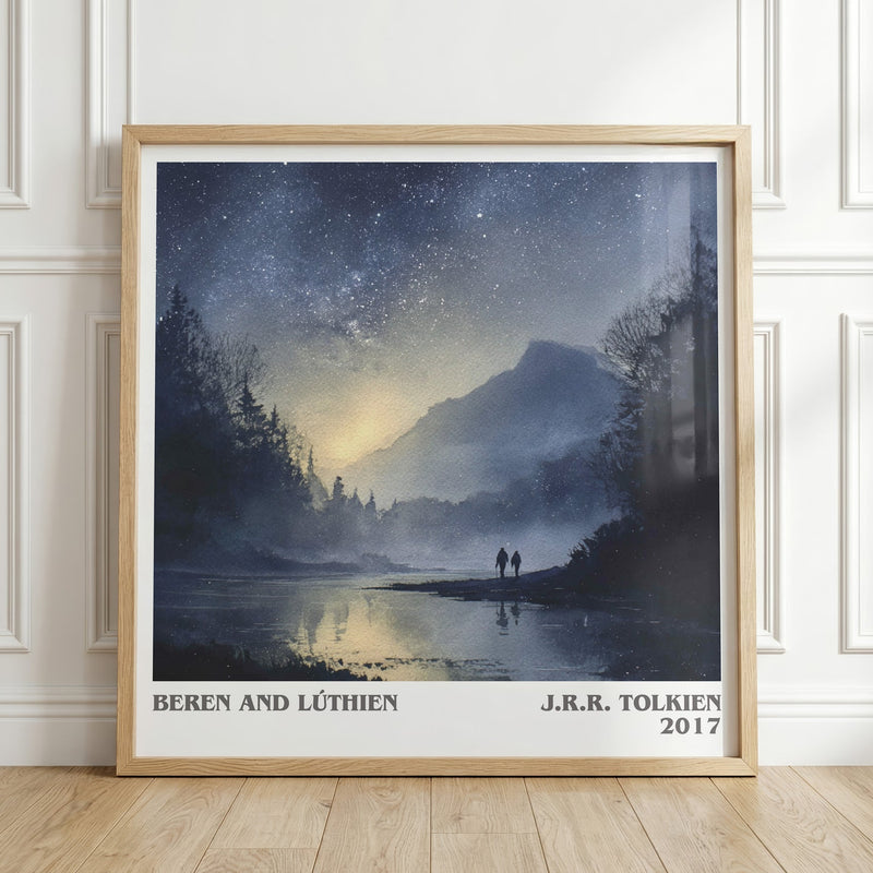 Beren and Lúthien literary print in frame leaning in hallway – fantasy wall art