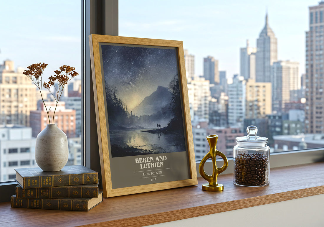 Beren and Lúthien Book Cover Poster by J. R. R. Tolkien – framed print on a city-view windowsill