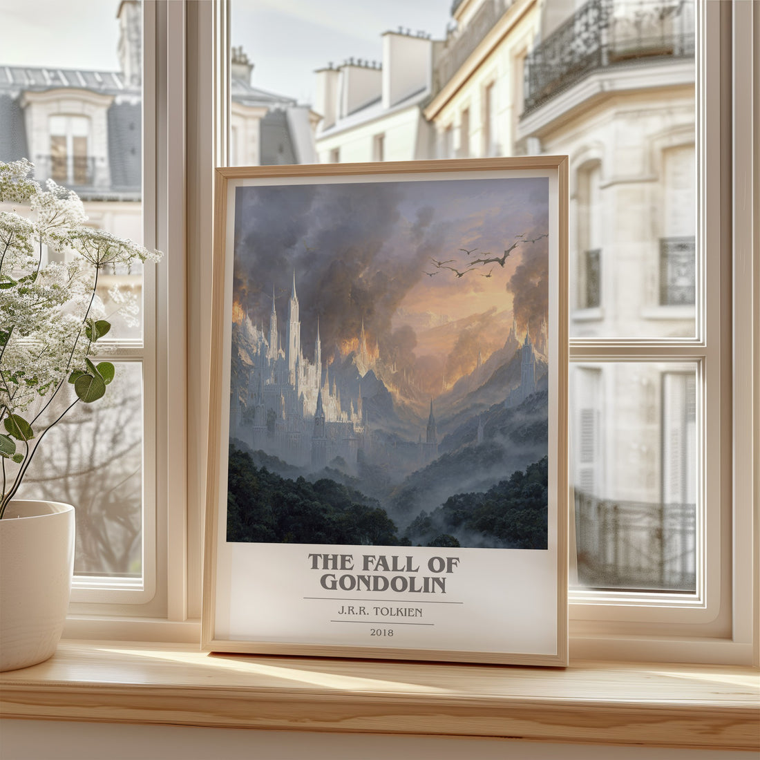 The Fall of Gondolin Book Cover Poster by J. R. R. Tolkien – framed print by a bright window