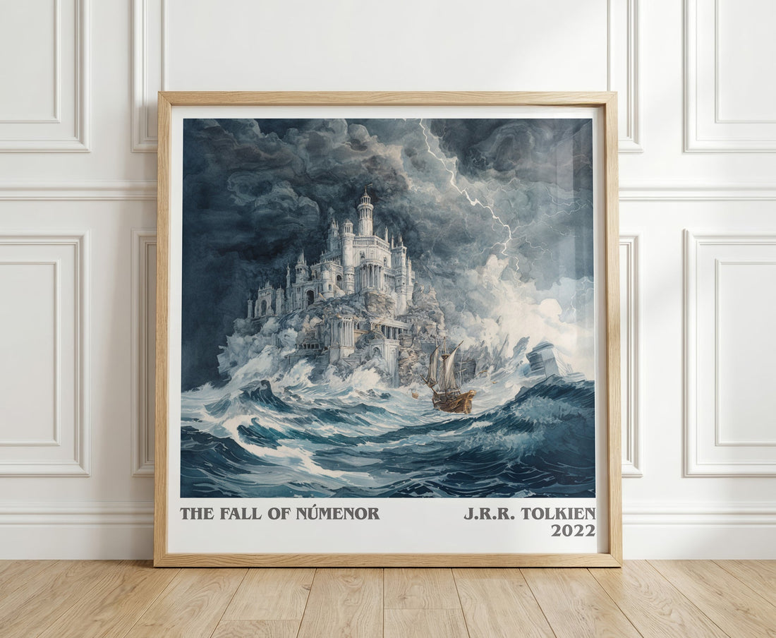 The Fall Of Númenor literary print in frame leaning in hallway – fantasy wall art (mockup)