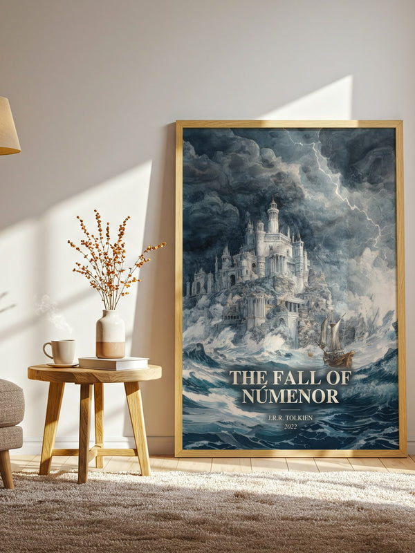 The Fall Of Númenor watercolour print in frame leaning in hallway – fantasy wall art