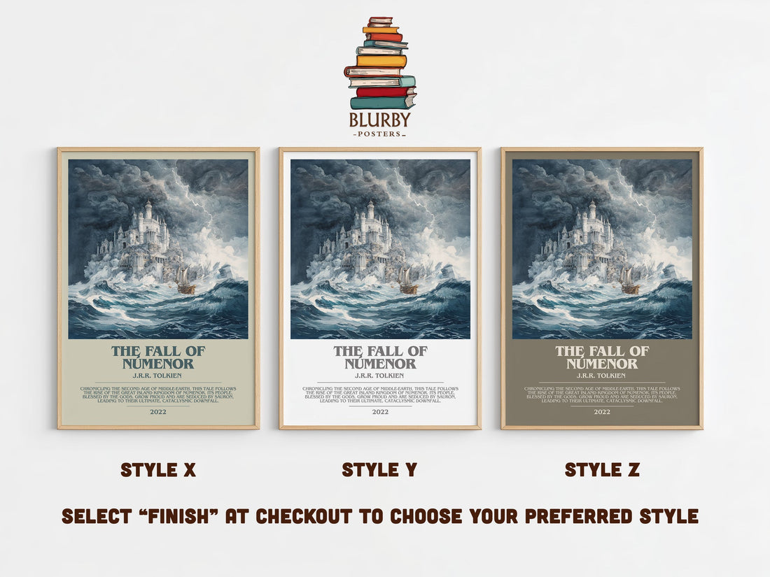 The Fall Of Númenor bookish print in frame leaning in hallway – fantasy wall art (mockup)