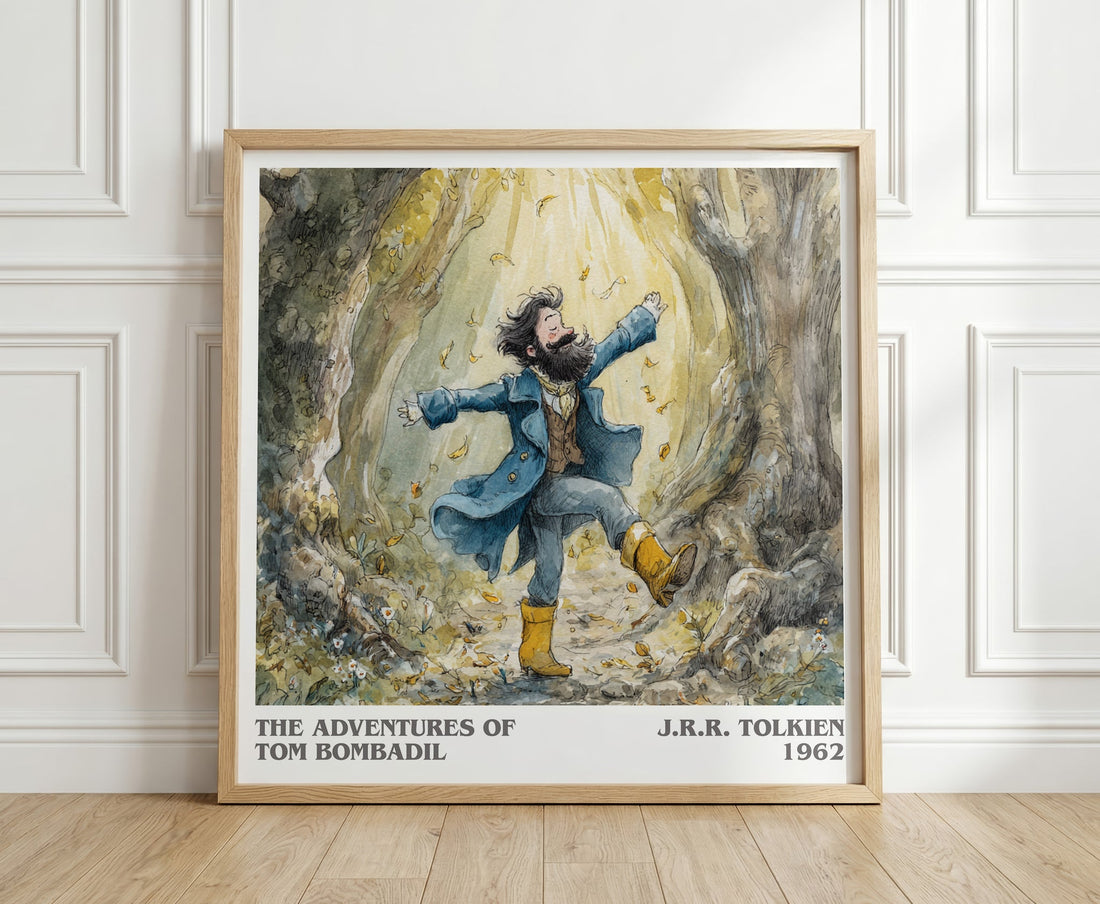 The Adventures of Tom Bombadil literary print in frame leaning in hallway – fantasy wall art (mockup)