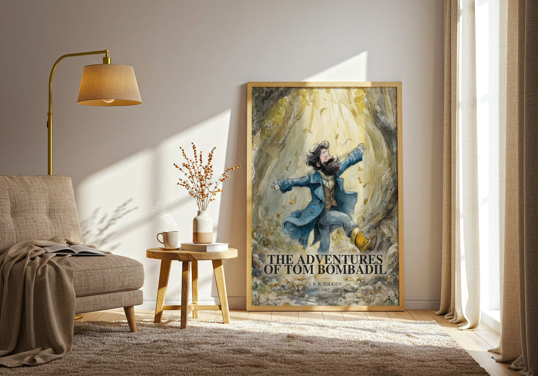The Adventures Of Tom Bombadil watercolour print in frame leaning in hallway – poetry wall art (mockup)