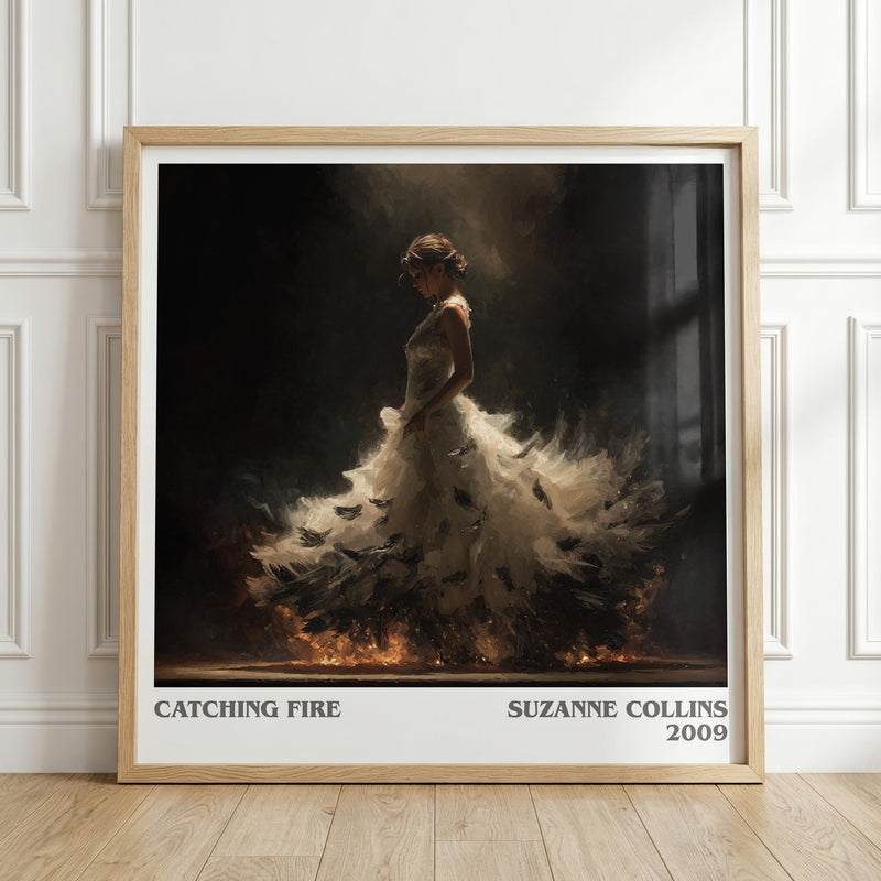 Catching Fire literary print in frame leaning in hallway – poetry wall art