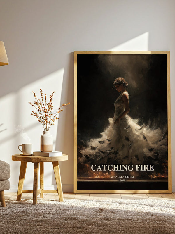 Catching Fire watercolour print in frame leaning in hallway – dystopian wall art