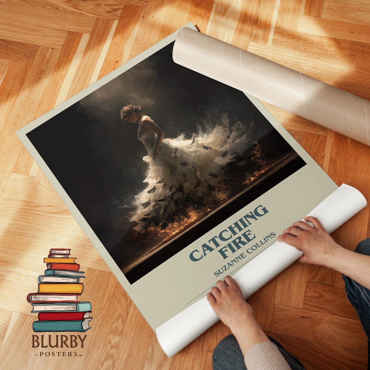 Catching Fire bookish print on bookshelf – Suzanne Collins fan gift