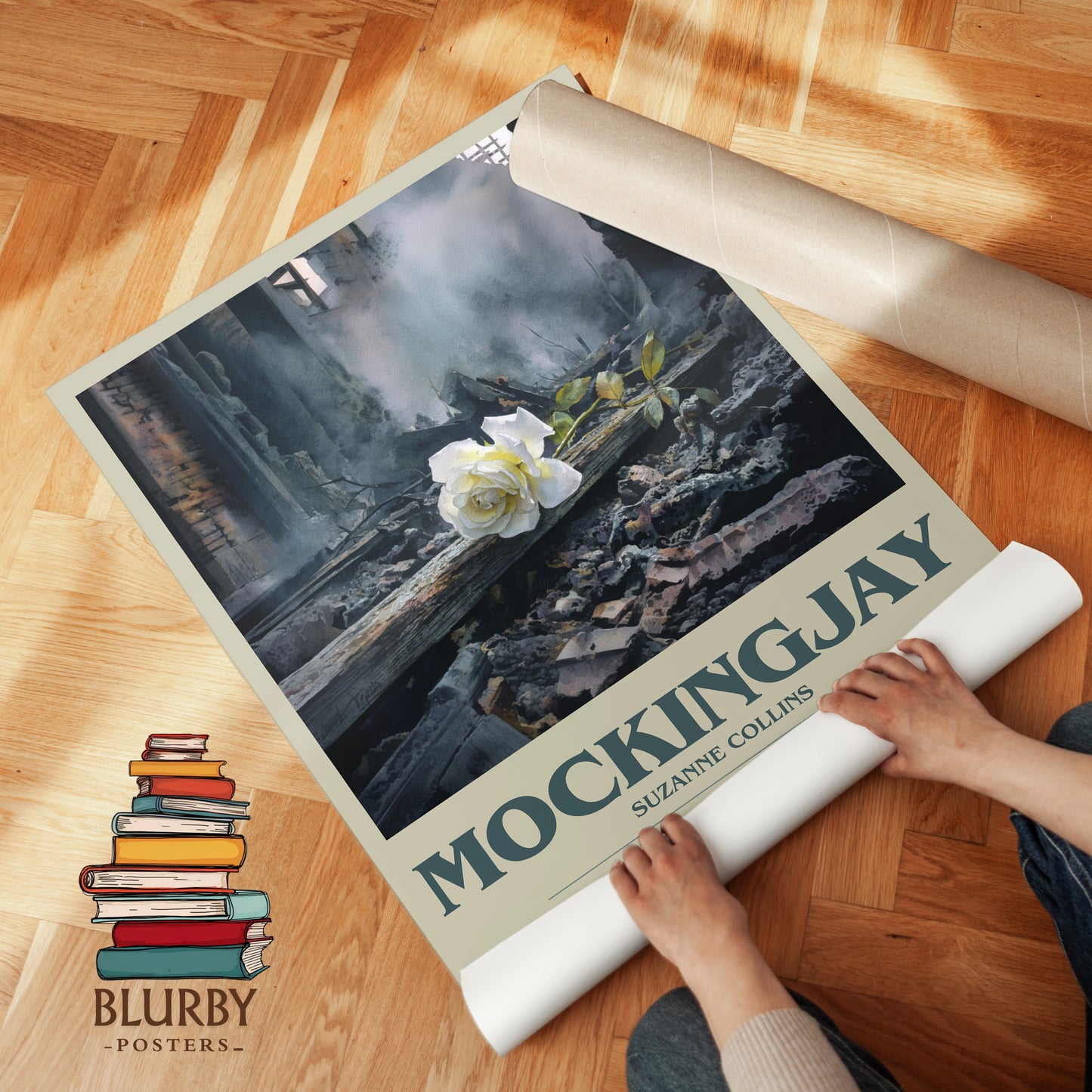 Mockingjay bookish print on bookshelf – Suzanne Collins fan gift
