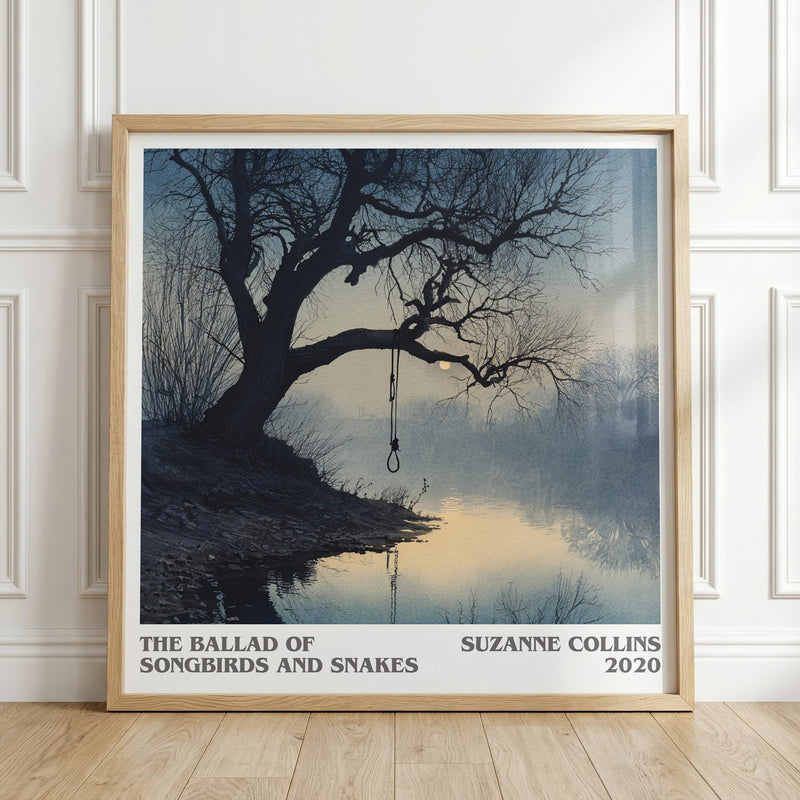 The Ballad of Songbirds and Snakes literary print in frame leaning in hallway – dystopian wall art