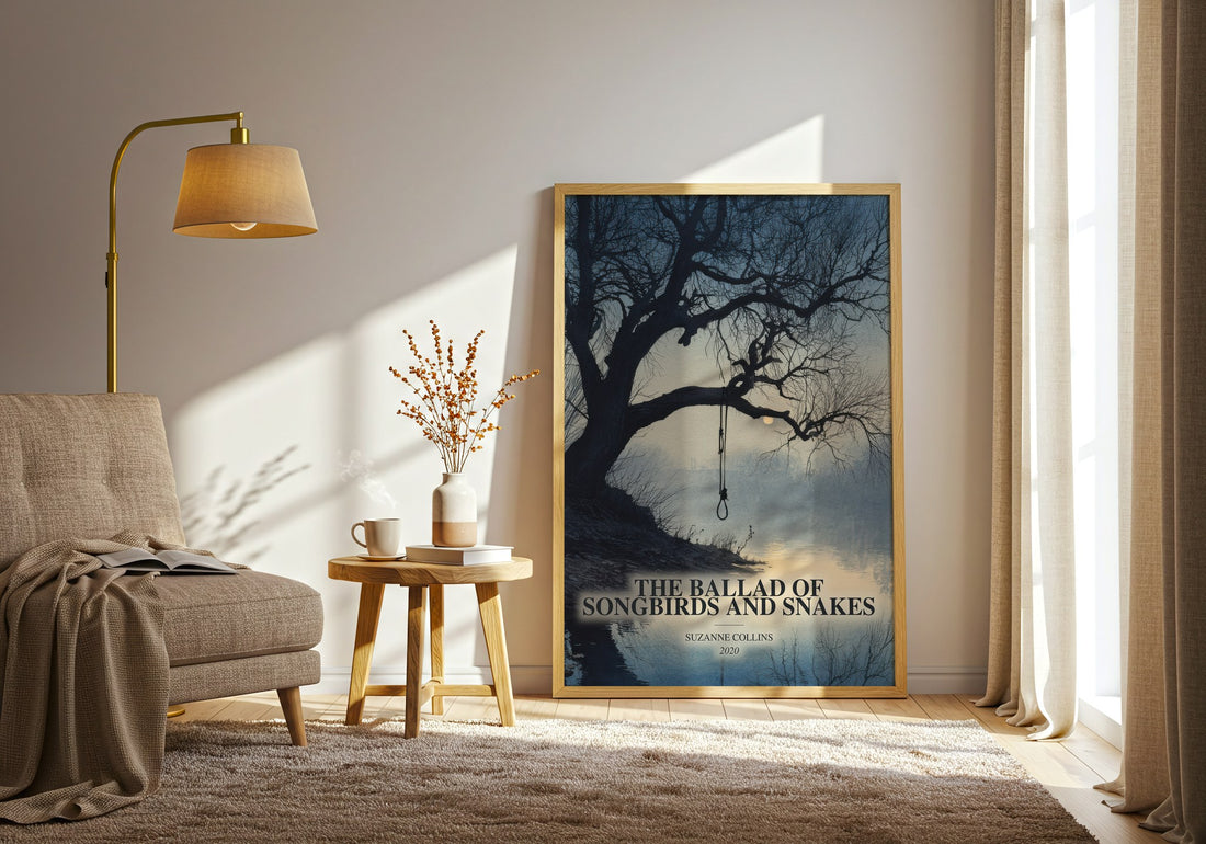 The Ballad Of Songbirds And Snakes watercolour print in frame leaning in hallway – young adult wall art (mockup)