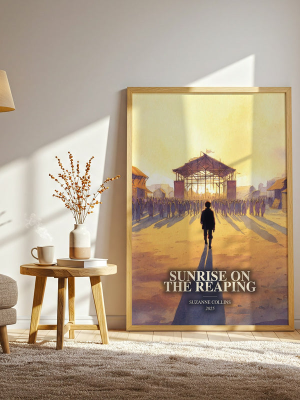 Sunrise On The Reaping watercolour print in frame leaning in hallway – dystopian wall art