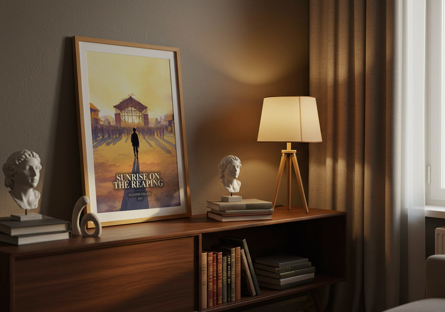 Sunrise On The Reaping watercolour print on bookshelf – Suzanne Collins fan gift