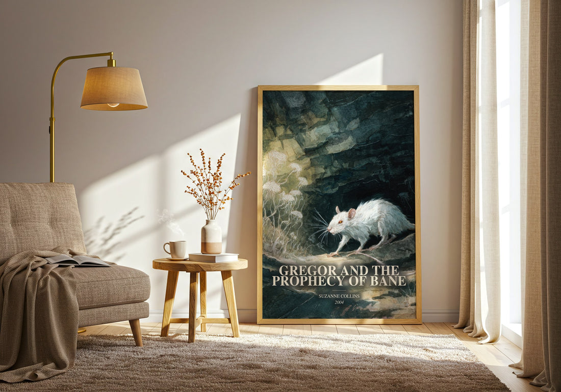 Gregor And The Prophecy Of Bane watercolour print in frame leaning in hallway – fantasy wall art (mockup)