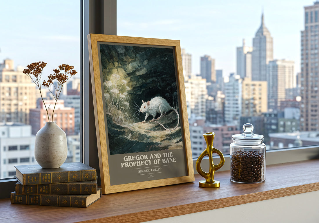 Gregor and the Prophecy of Bane Book Cover Poster by Suzanne Collins – framed print on a city-view windowsill