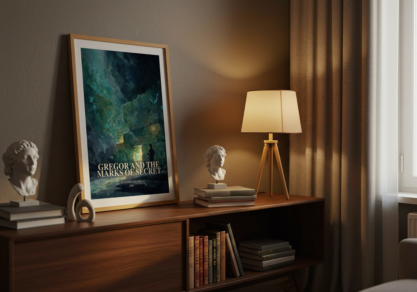 Gregor And The Marks Of Secret watercolour print on bookshelf – Suzanne Collins fan gift