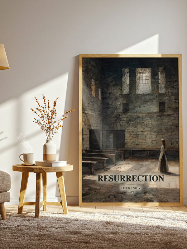 Resurrection watercolour print in frame leaning in hallway – classic literature wall art