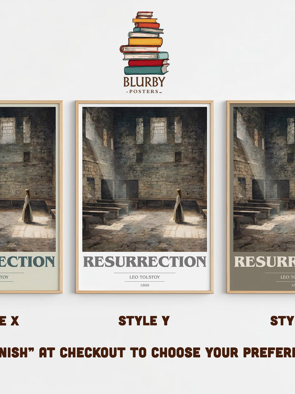 Resurrection book cover print in frame leaning in hallway – classic literature wall art