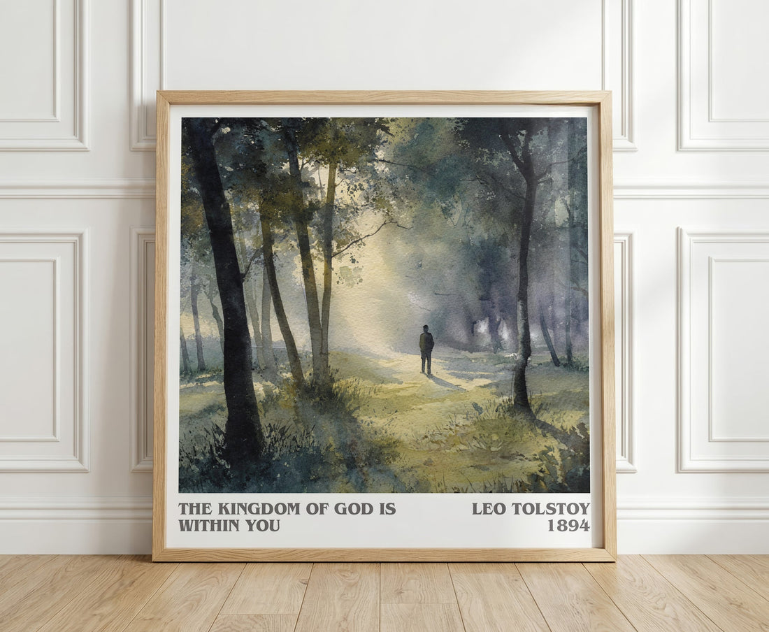 The Kingdom Of God Is Within You literary print in frame leaning in hallway – classic literature wall art (mockup)