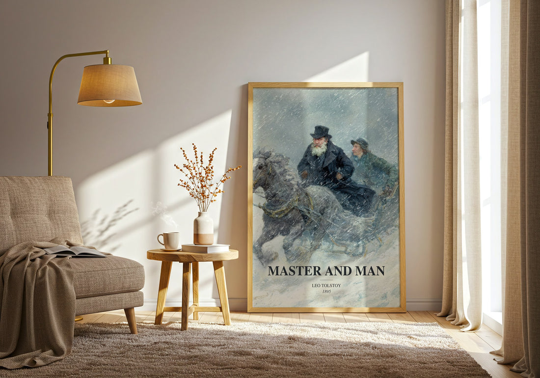 Master And Man watercolour print in frame leaning in hallway – classic literature wall art (mockup)