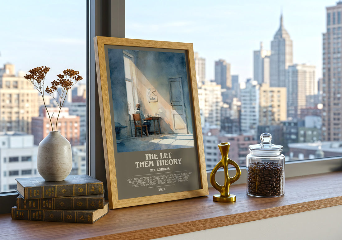 The Let Them Theory Bookish Wall Art by Mel Robbins – framed print on a city-view windowsill