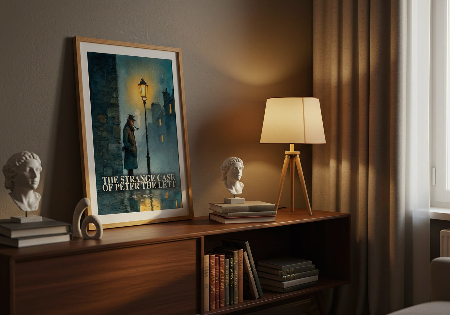 The Strange Case Of Peter The Lett watercolour print on bookshelf – Georges Simenon fan gift