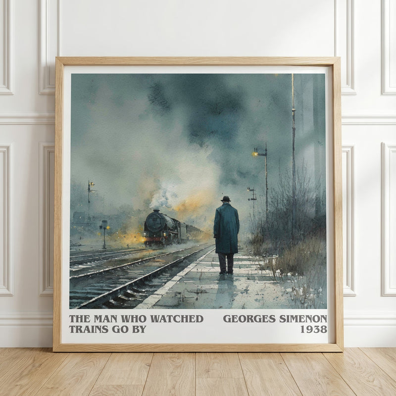 The Man Who Watched the Trains Go By literary print in frame leaning in hallway – crime wall art