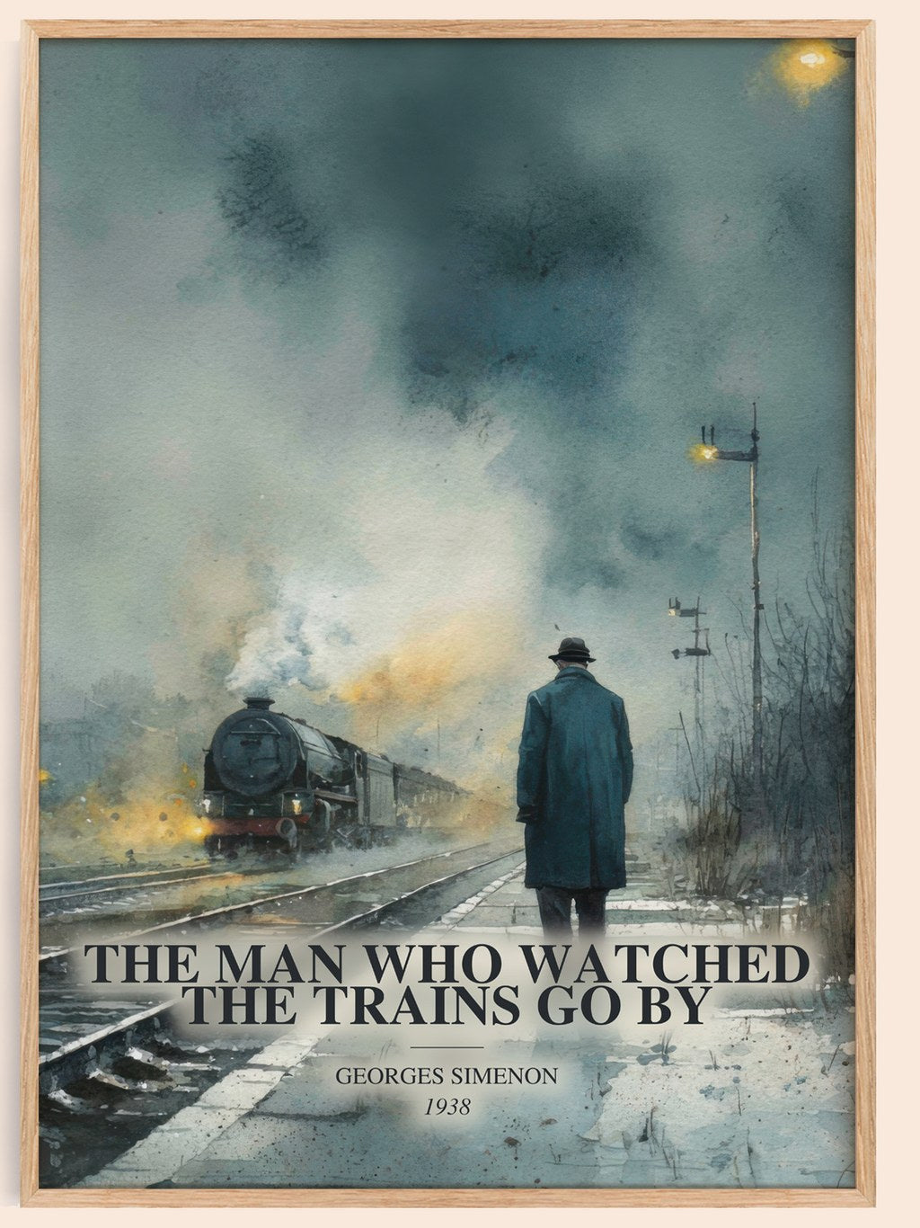 The Man Who Watched The Trains Go By watercolour book poster by Georges Simenon – framed literary art print