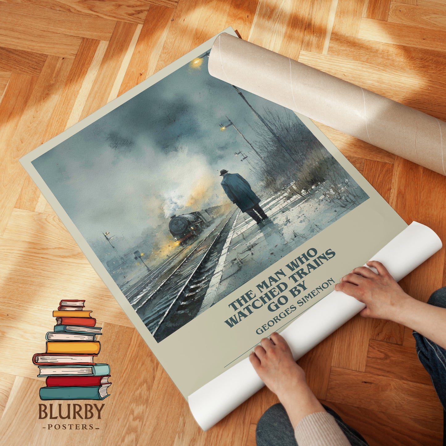 The Man Who Watched the Trains Go By bookish print on bookshelf – Georges Simenon fan gift