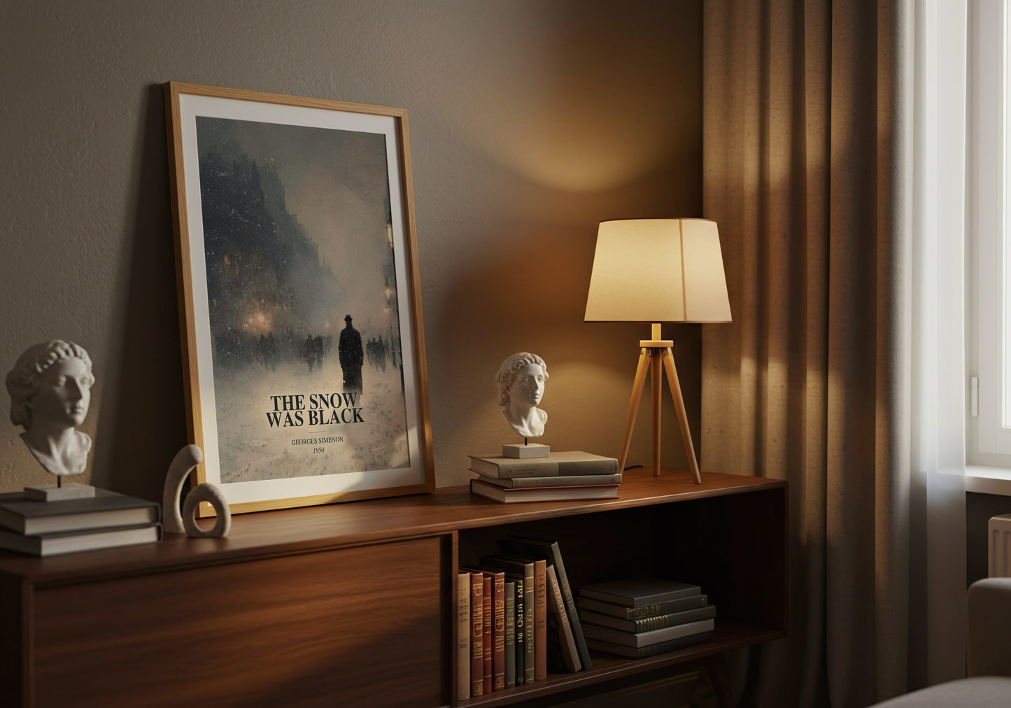 The Snow Was Black watercolour print on bookshelf – Georges Simenon fan gift