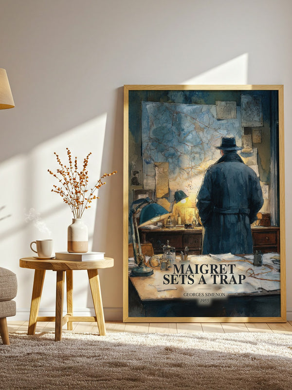 Maigret Sets A Trap watercolour print in frame leaning in hallway – crime wall art
