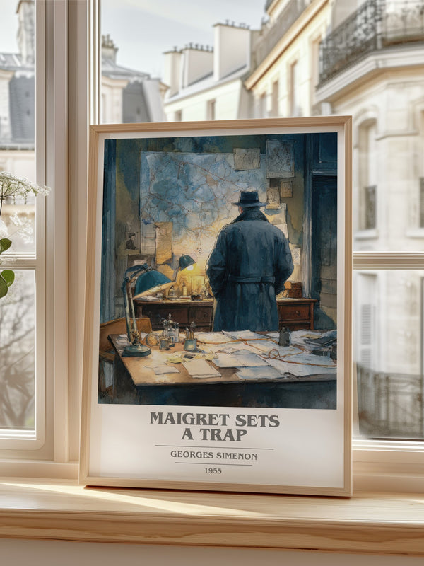 Maigret Sets a Trap Book Cover Poster by Georges Simenon – framed print by a bright window
