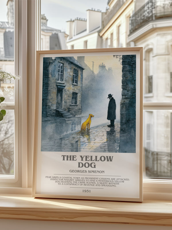 The Yellow Dog Bookish Wall Art by Georges Simenon – framed print by a bright window