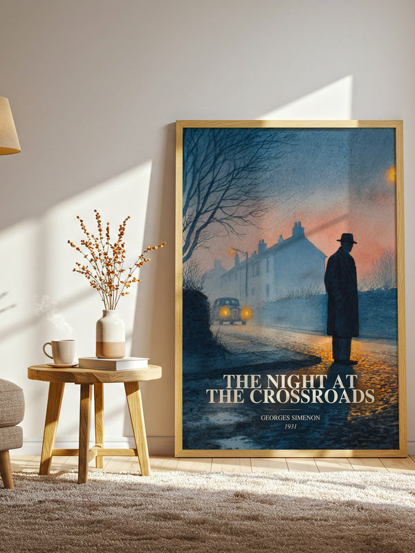 The Night At The Crossroads watercolour print in frame leaning in hallway – mystery wall art