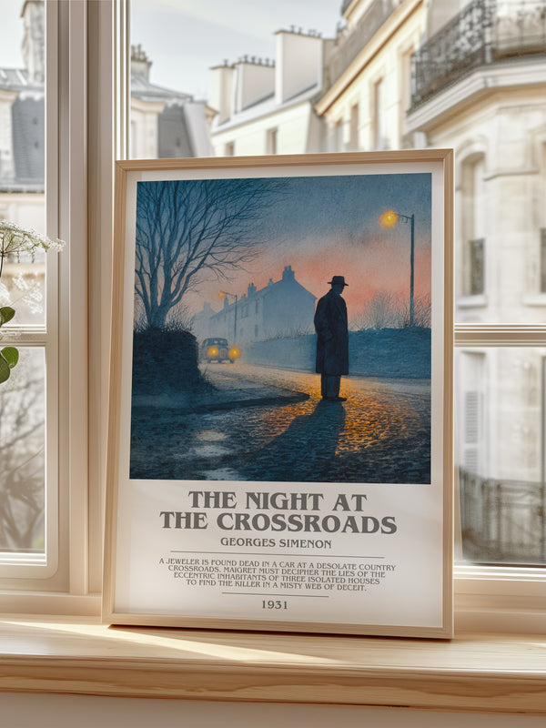 The Night At The Crossroads Bookish Wall Art by Georges Simenon – framed print by a bright window