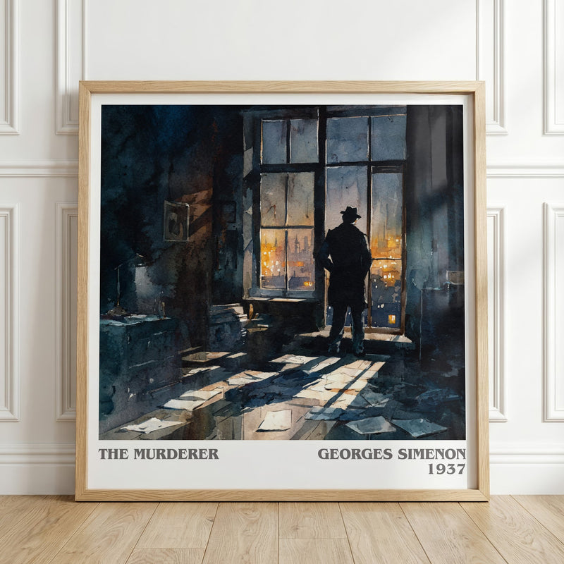 The Murderer literary print in frame leaning in hallway – crime wall art