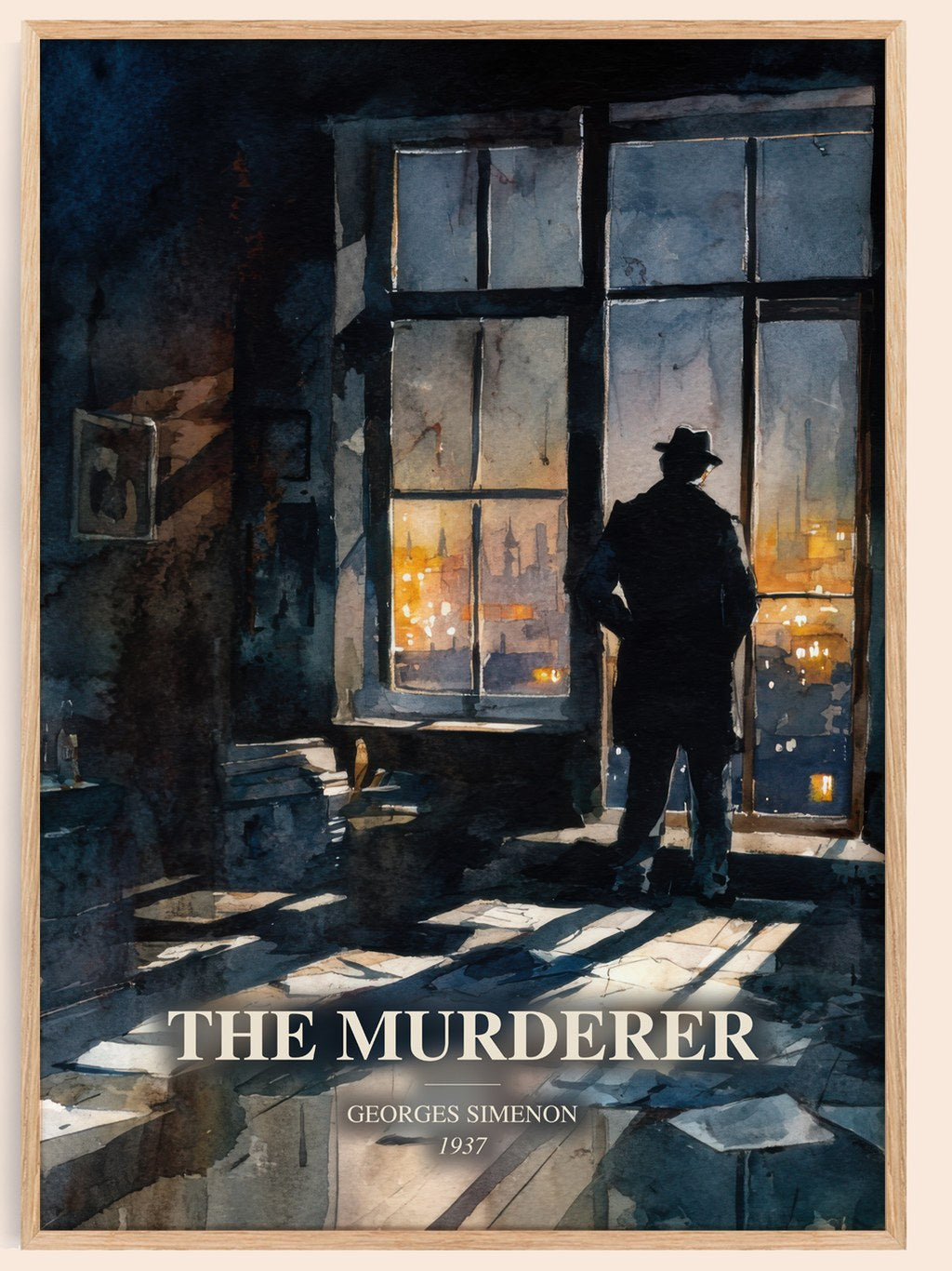 The Murderer watercolour book poster by Georges Simenon – framed literary art print