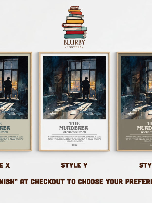 The Murderer bookish print in frame leaning in hallway – non fiction wall art