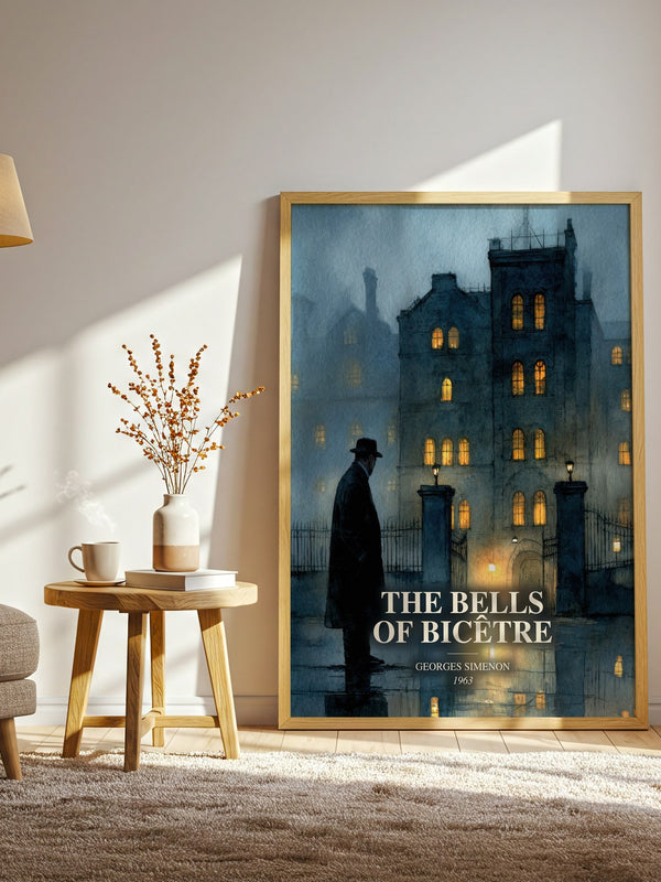 The Bells Of Bicêtre watercolour print in frame leaning in hallway – literary fiction wall art