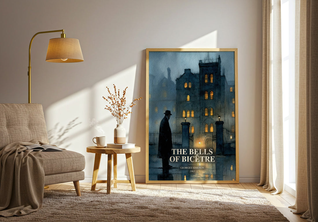 The Bells Of Bicêtre watercolour print in frame leaning in hallway – literary fiction wall art (mockup)