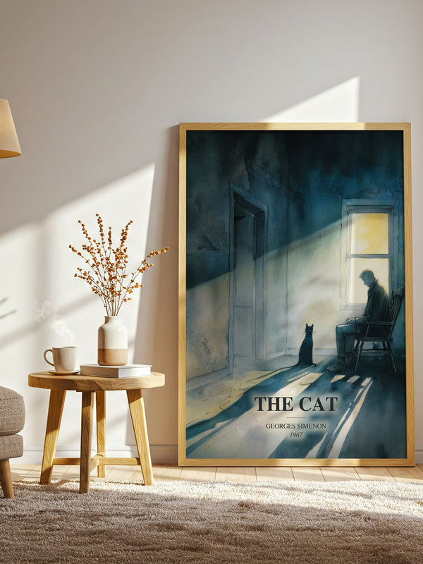 The Cat watercolour print in frame leaning in hallway – literary fiction wall art