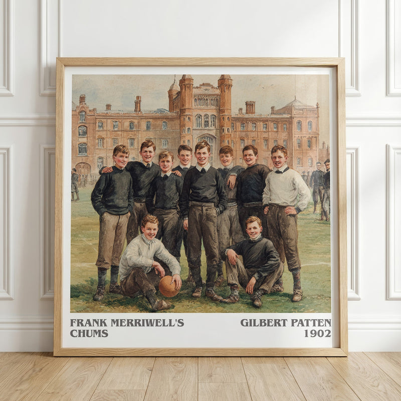 Frank Merriwell's Chums literary print in frame leaning in hallway – adventure wall art