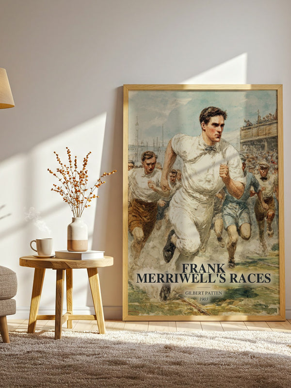 Frank Merriwell'S Races watercolour print in frame leaning in hallway – adventure wall art