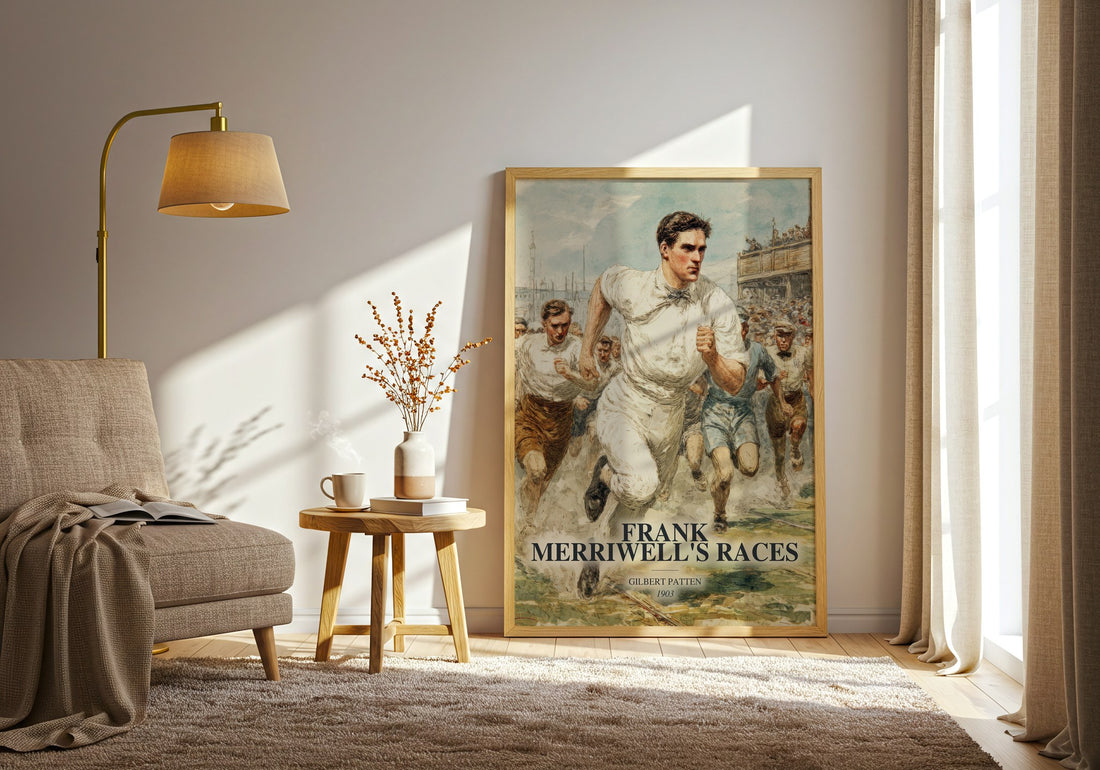Frank Merriwell'S Races watercolour print in frame leaning in hallway – adventure wall art (mockup)