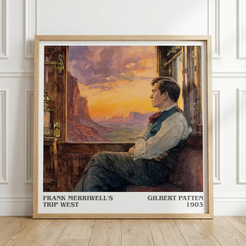 Frank Merriwell's Trip West literary print in frame leaning in hallway – adventure wall art