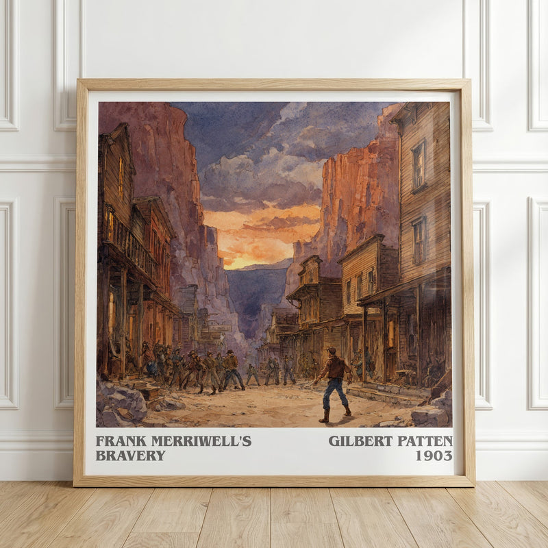 Frank Merriwell's Bravery literary print in frame leaning in hallway – adventure wall art