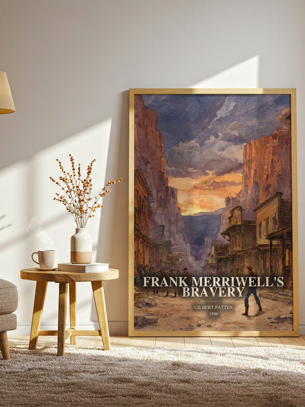 Frank Merriwell'S Bravery watercolour print in frame leaning in hallway – adventure wall art